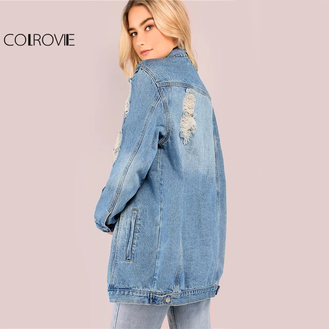 COLROVIE Light Mineral Washed Denim Jacket Blue Distressed Women Longline Coat 2017 Autumn Full Sleeve Casual Button Up Jacket 1