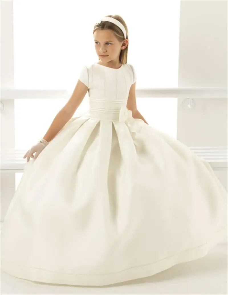 

2019 White Bow Scoop Short Satin A Line Floor-Length Girls Pageant Dresses First Communion Dresses For Girls Flower Girl Dresses