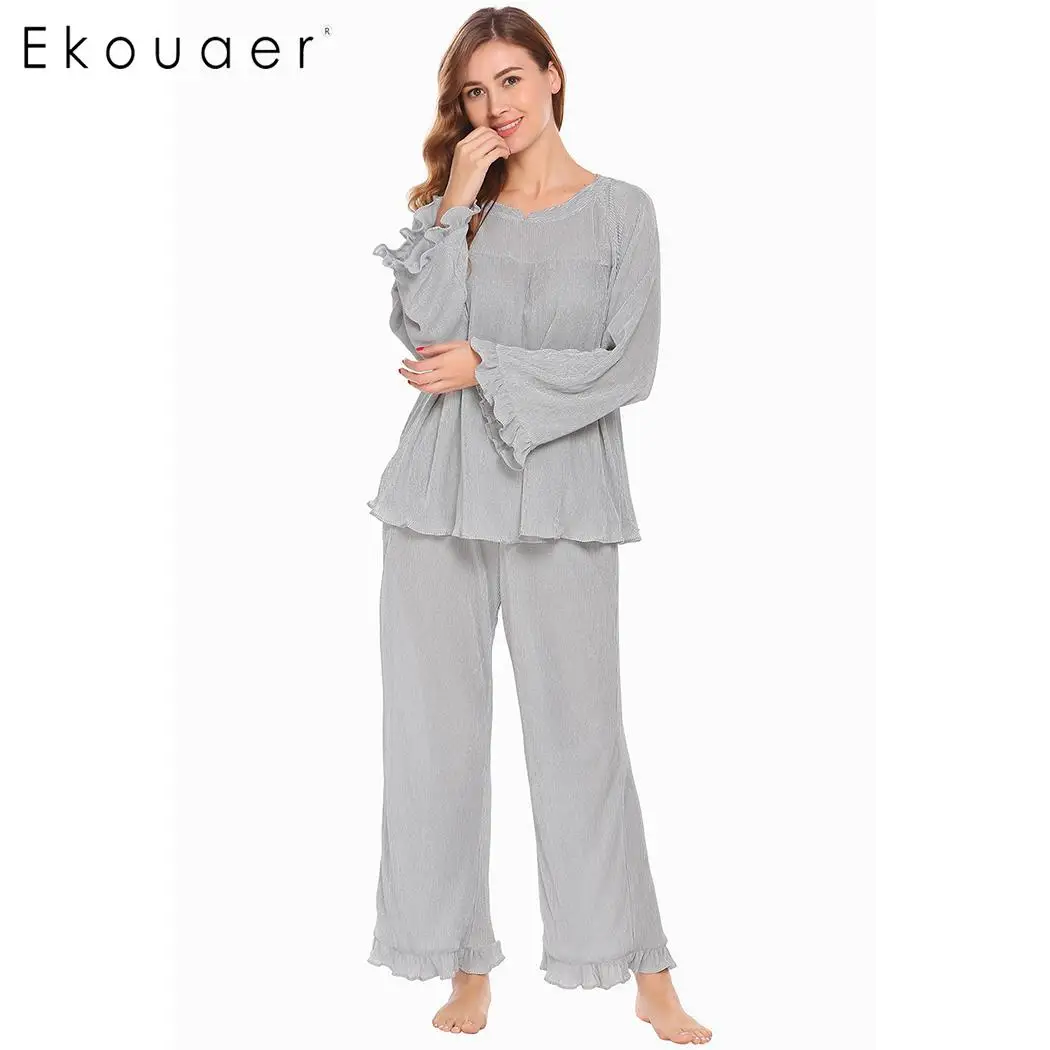 Ekouaer длинная ночная рубашка пижамный комплект для женщин с длинным рукавом и