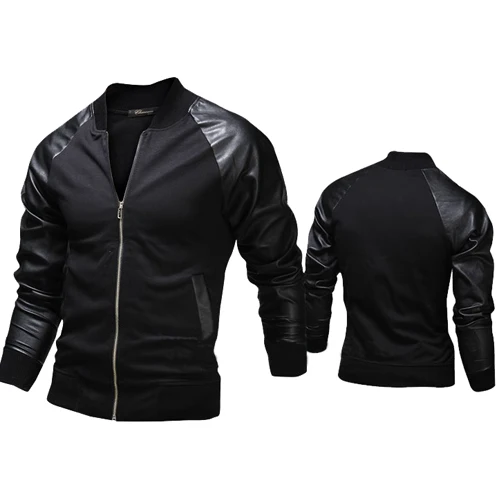 New Men raglan sleeve slim Zip Jacket Patchwork Leather spring Jackets