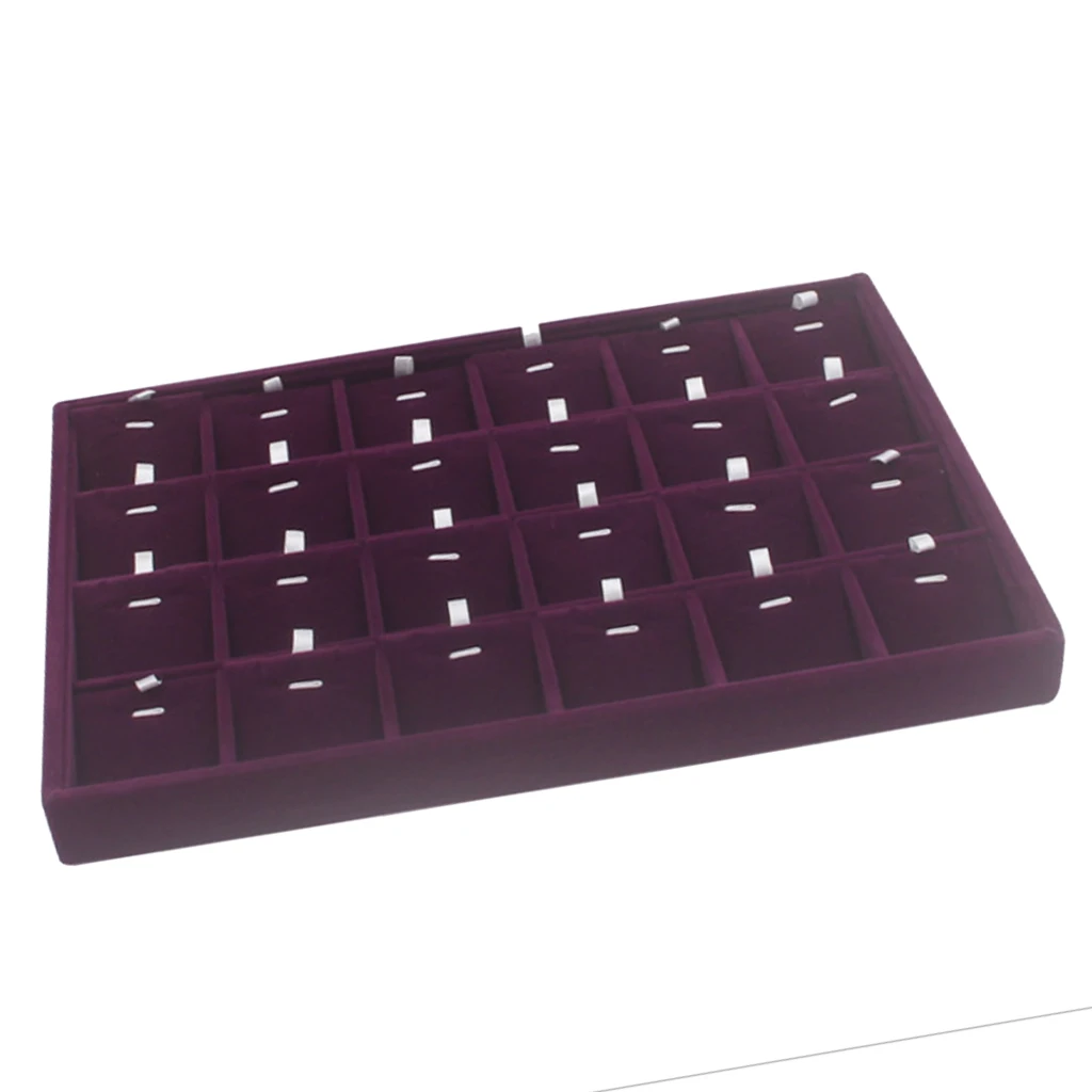 Multifunctional 12/24 Compartment Display Jewelry Showcase Tray Purple Velvet Removable Insert Pillow Card