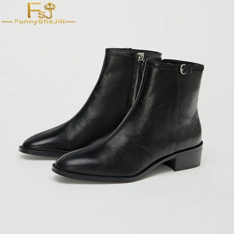 

FSJ Fashion 2020 Ladies Zipper Round Toe Leather Ankle Boots Med Heels Chunky Heels Booties Casual Dress Shoes Woman Size 4-16