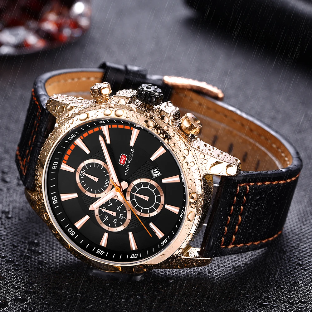 

MINI FOCUS Top Brand Luxury Watch Men Quartz Analog Clock Leather Strap Working Sub-dial Calendar Multifunction Sport Watches