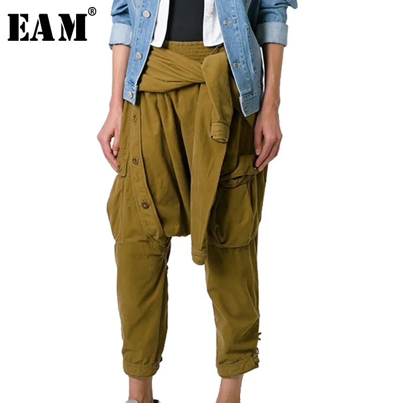 [Eam] 2020 Nieuwe Lente Hoge Taille Zwarte Taille Badgae Cross Bandgae Steek Broek Vrouwen Broek Mode Tij JG754