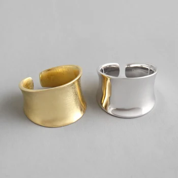 

925 Sterling Silver Irregular Frosted Simple Big Adjustable Smooth Wide Band Statement Ring Gold Cuff Accessories Jewelry Rings