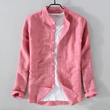 Новая стильная Льняная мужская рубашка с длинным рукавом, брендовая однотонная Хлопковая мужская рубашка, повседневная мужская рубашка со стоячим воротником, сорочка, Прямая поставка