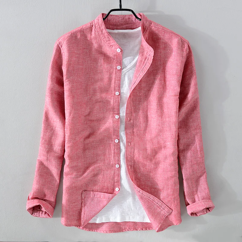 Goedkoop Nieuwe stijl lange mouwen linnen shirt mannen merk solid katoen mannen shirt casual stand kraag heren shirts chemise dropshipping