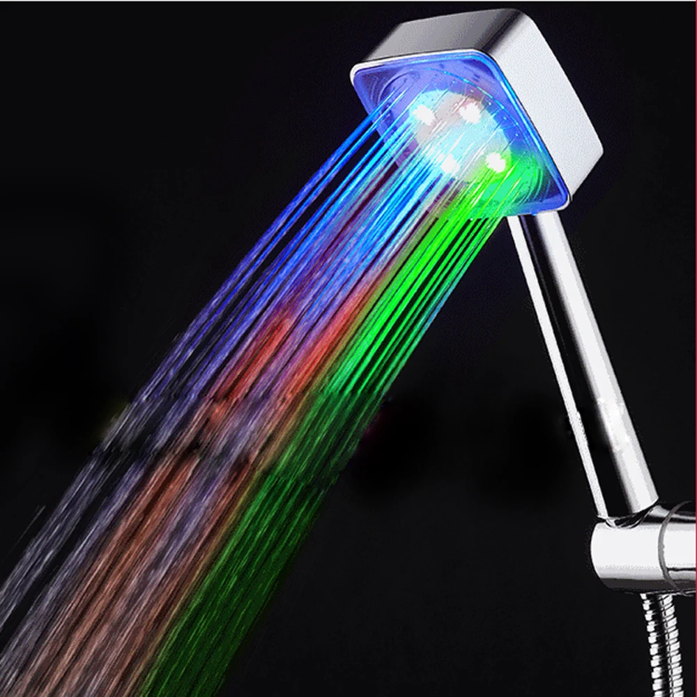 Square LED Hand Hold Shower Heads 3 Colors Temperature Sensor Shower