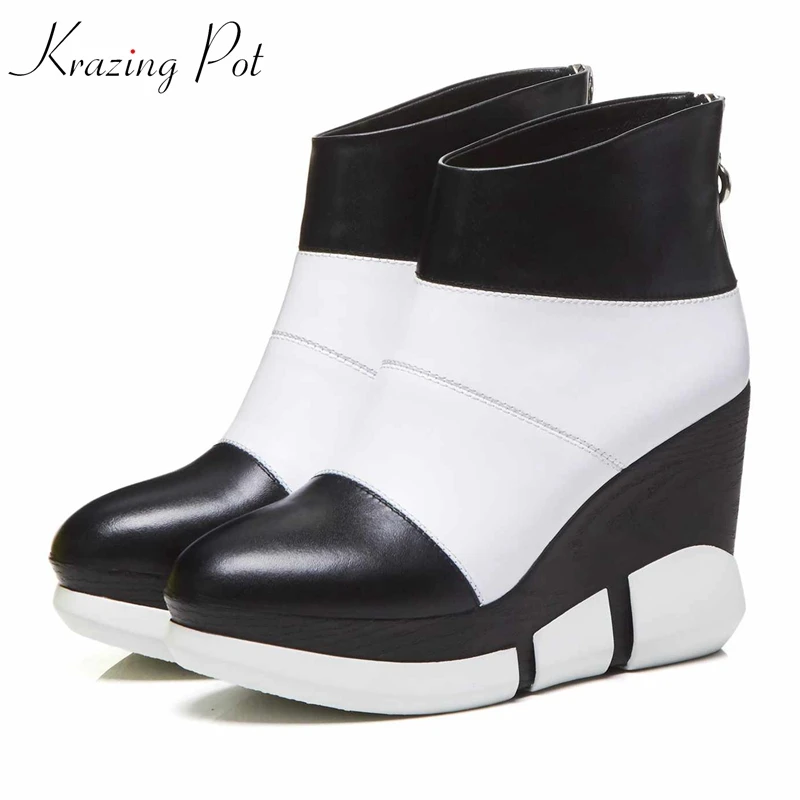 

Krazing Pot 2018 genuine leatehr round toe keep warm boots style ankle boots zipper platform mixed color leisure ankle boots L55
