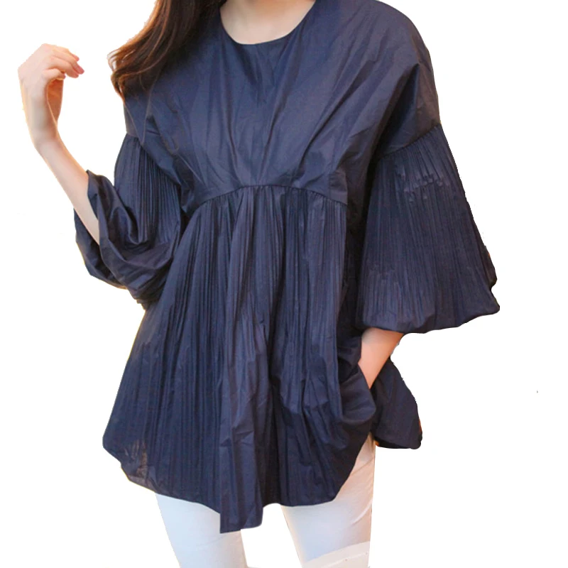 2017 new autumn collection three quarter puff sleeve crimp bouffancy shirt top blouse o-neck solid blue loose wide fit |