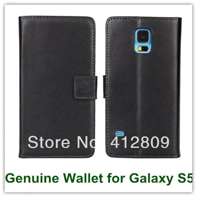 Black Genuine Leather Wallet Case for Samsung Galaxy S5 i9600 Folio Phone Bag with Slot Stand and Card Holder Free Shipping