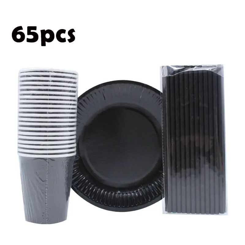 

65pcs Birthday Wedding Decorations Black Disposable Tableware Cups Plates Paper Straws Party Supplies Baby Shower Favors