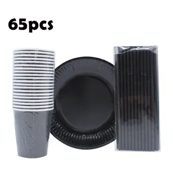 

65pcs Birthday Wedding Decorations Black Disposable Tableware Cups Plates Paper Straws Party Supplies Baby Shower Favors