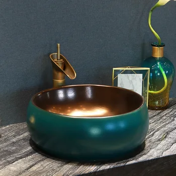 

Europe Style Handmade Countertop Ceramic wash basin Bathroom Basin Bathroom Sink porcelain toilets and washbasins gold green