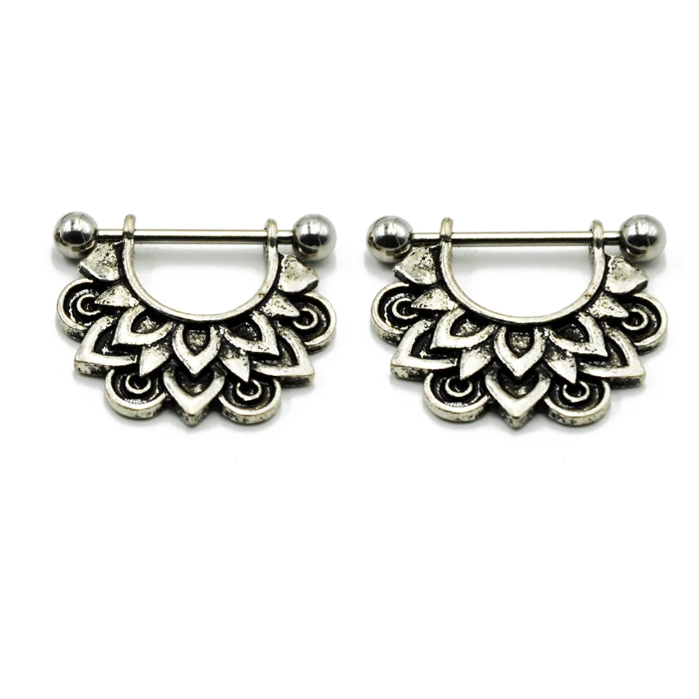 PAIR 14g Blooming Lotus Flower Nipple Shield Barbell Ring Piercing Body