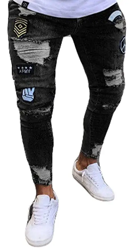 Мужские узкие джинсы Rip Slim fit Stretch Denim Distress потертые байкерские джинсы брюки US - Цвет: Черный