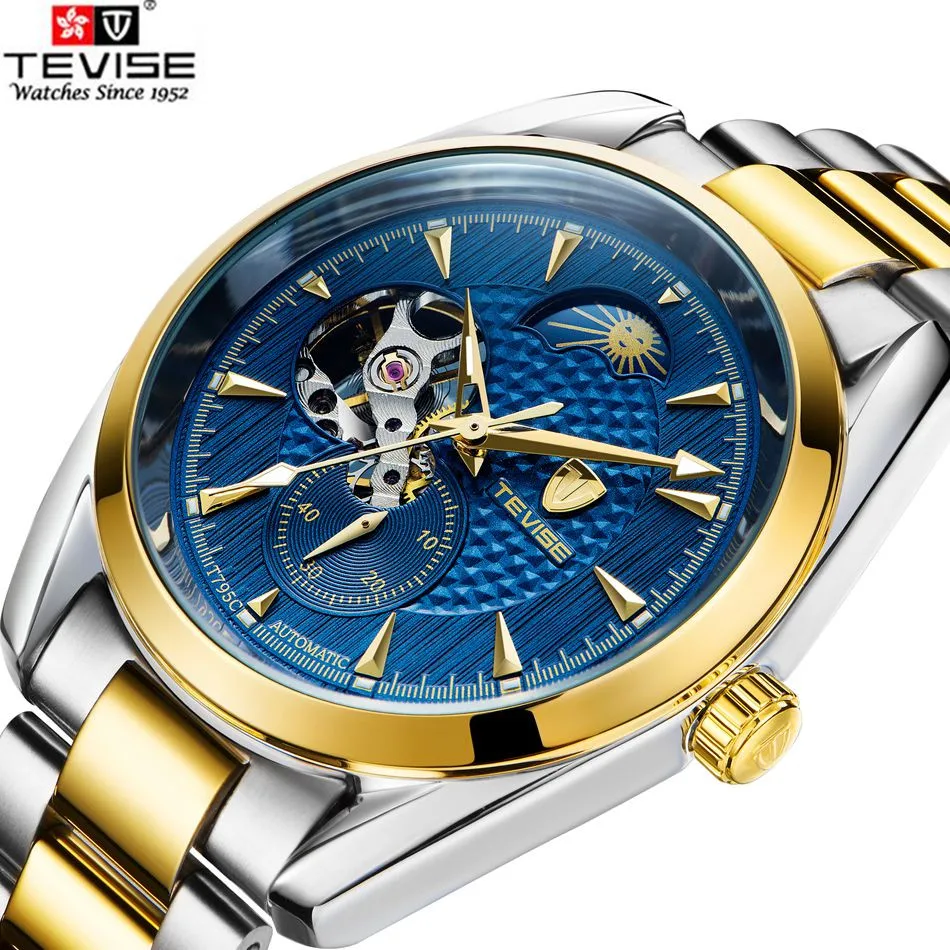 

Tevise Fashion Mechanical Watch Men Moonphase Design Top Brand Golden Stainless Steel Strap Skeleton Xmas Gift Box Free Ship
