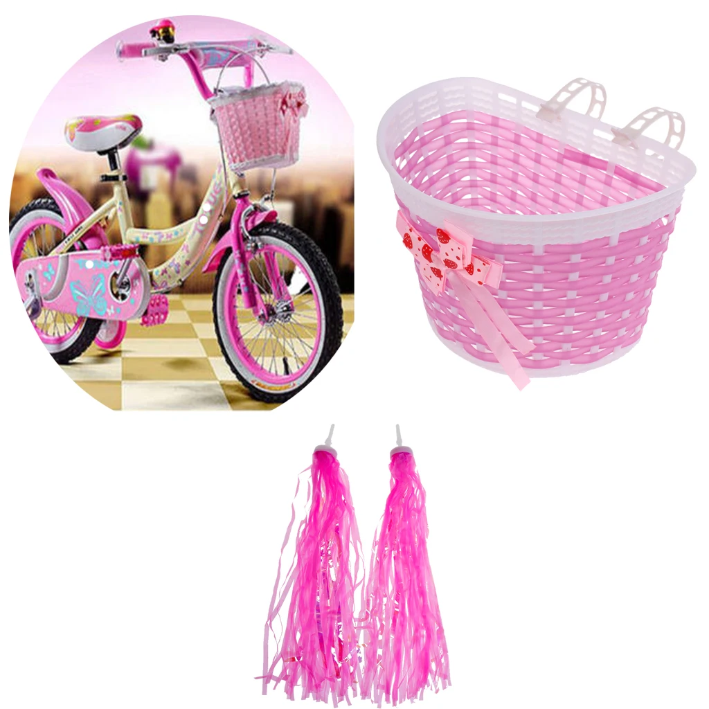 Excellent Girls Bike Front Basket Shopping Holder Case +2 Pcs Bicycle Scooter Handlebar Grip Tassels Pink Cycling Parts Child 1