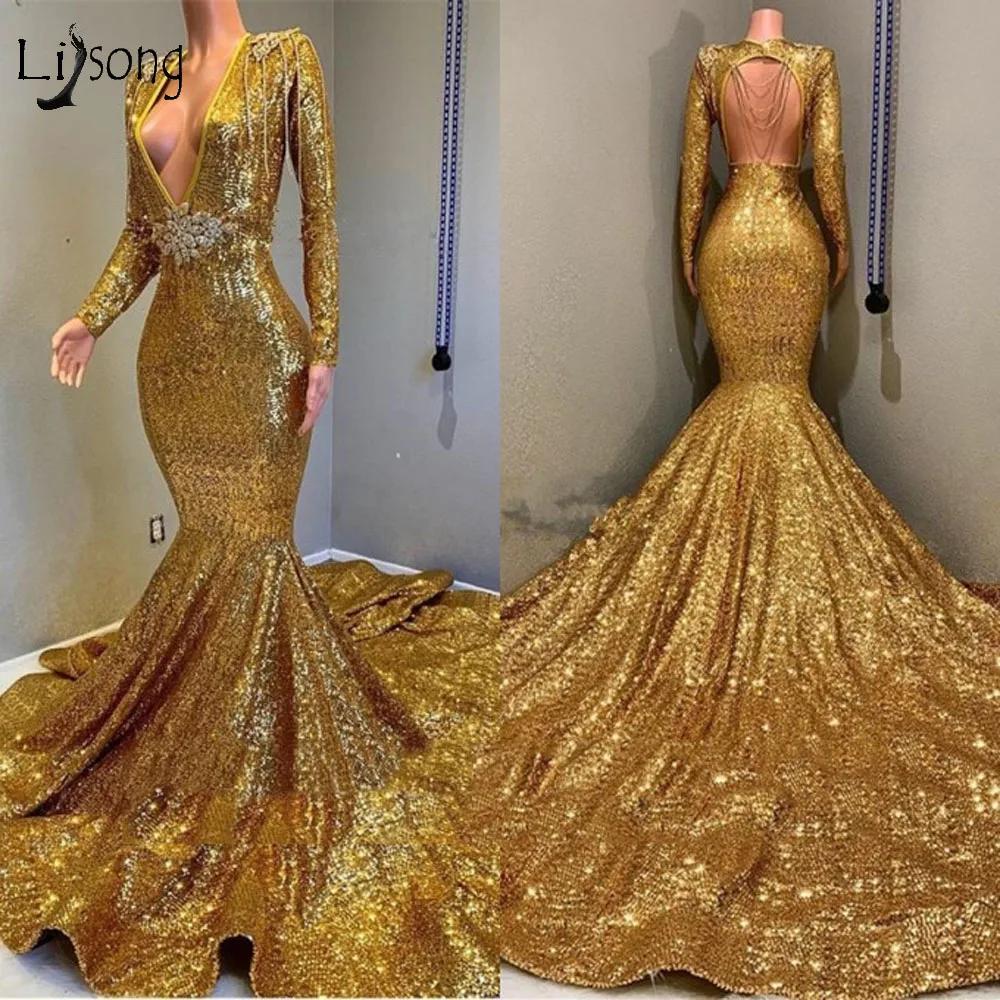 

Sparkle Gold Sequined Mermaid Prom Dresses 2019 Full Sleeves Sexy Backless Beaded Crystal Prom Gowns Luxury Formal Party Dress