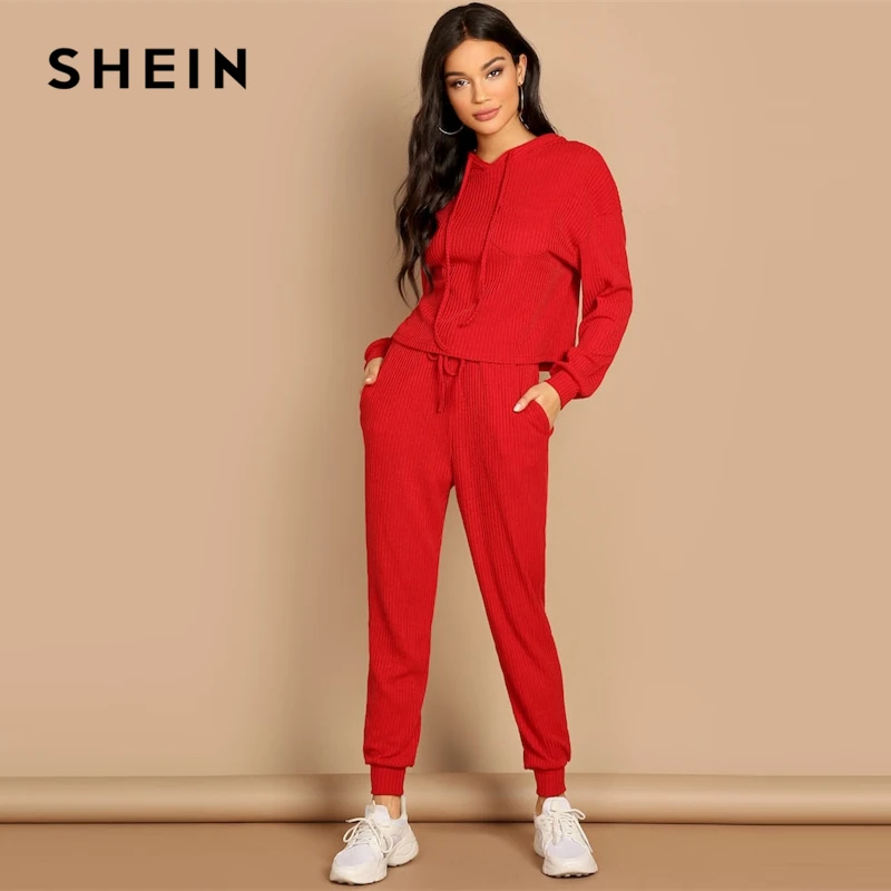 SHEIN Red Pocket Patched Solid Hoodie and Drawstring Waist Pants Plain ...