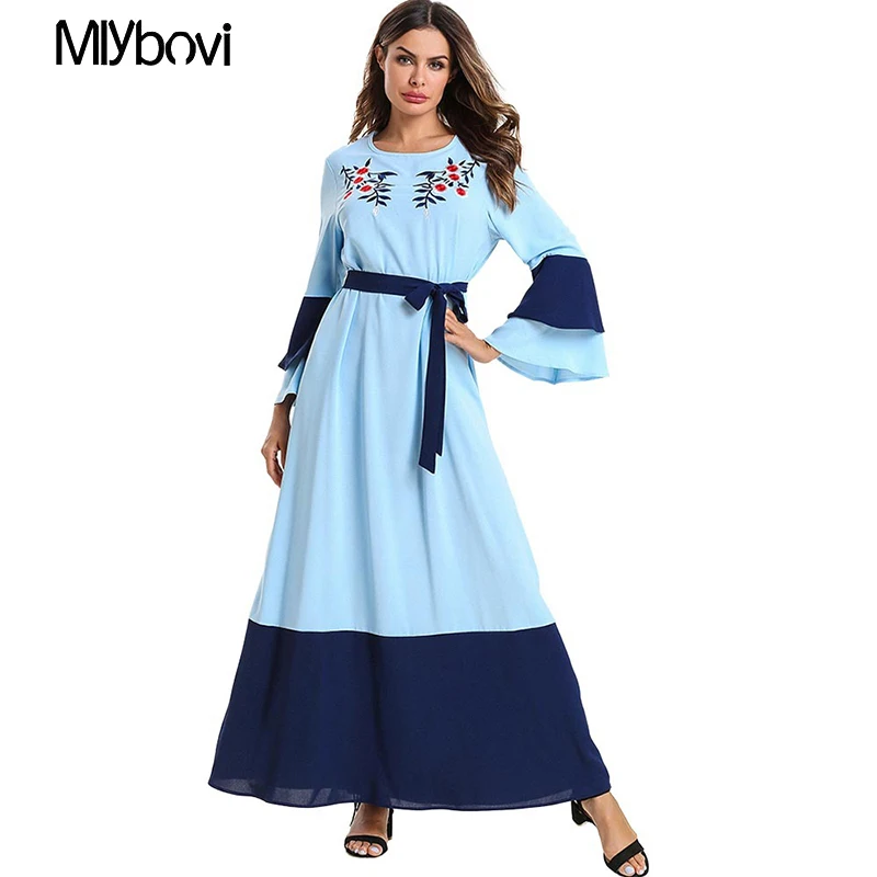 

Blue Women Maxi Flower Dresses Summer Long Plus Size 4XL Vestidos Vintage Verano 2019 Robe Femme Embroidery Korean Muslim