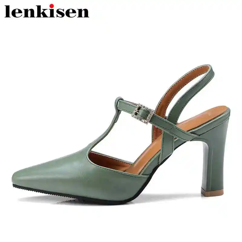 

Lenkisen slingback shallow solid large size pu buckle strap high heel square toe diamond fastener fairy party women sandals L30