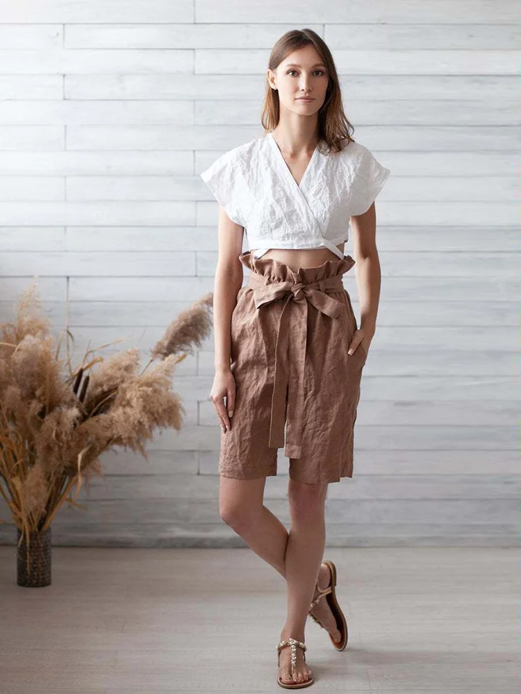 

Cotton and Linen Sashes Knee Length Pants Women 2019 Solid High Waist Pocket Harem Pants Casual Fitness Summer Pants 2XL