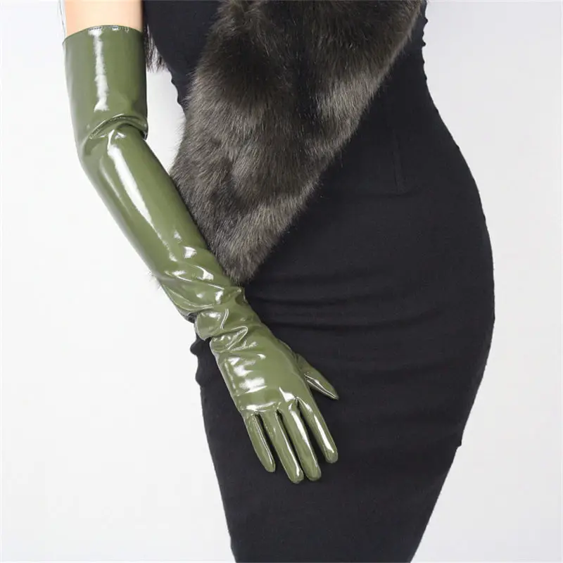 Модные длинные стильные женские перчатки из лакированной кожи 60 см, имитация кожи, зеркальные Яркие Кожаные женские перчатки из искусственной кожи PU60 - Цвет: patent leather green