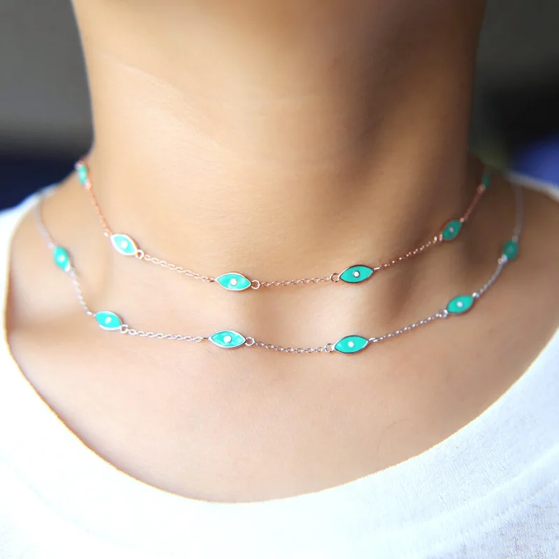 

Collier Rushed Heart 2017 New Enamel Turkish Evil Eye Charm Delicate Thin Chain Necklace 100% 925 Sterling Choker Women Jewelry