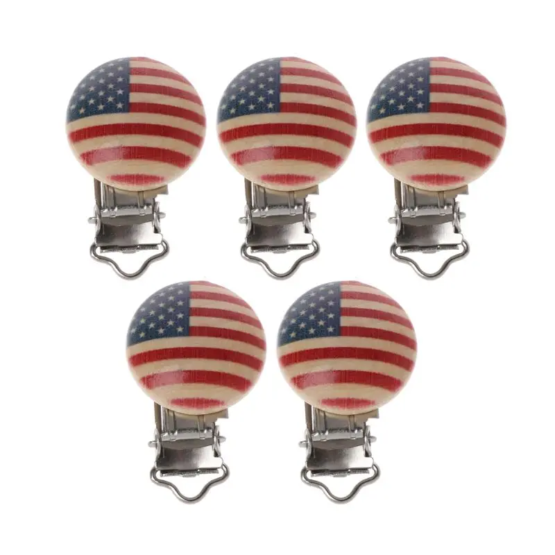 

5PCS/Lot Metal Wooden Baby Pacifier Clip Round American Flag Pattern 4.4cm x 3cm