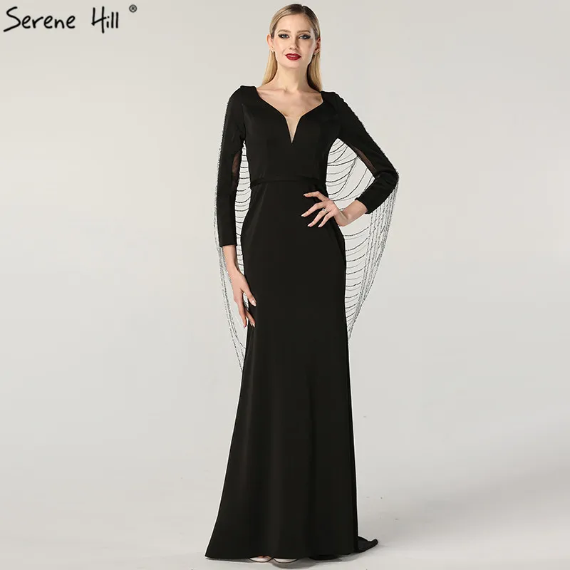 Новинка, Черное вечернее платье с длинным рукавом и v-образным вырезом, украшенное бисером, вечернее платье, Robe De Soiree BLA60824