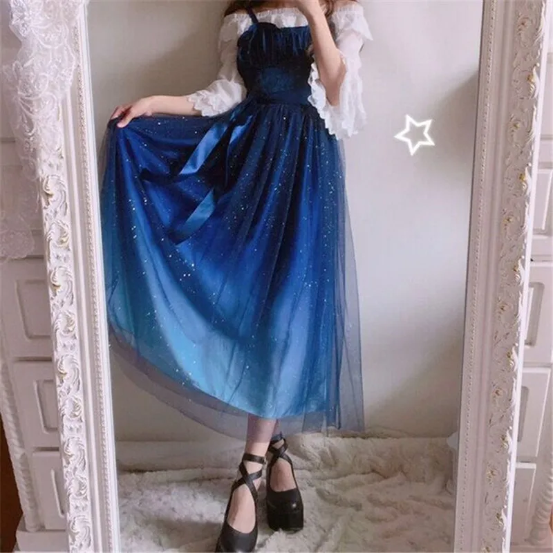 Японское модное Галактическое голубое звездное платье, женское летнее платье лолиты JSk, мягкое милое платье феи, кружевное платье принцессы из тюля на бретелях
