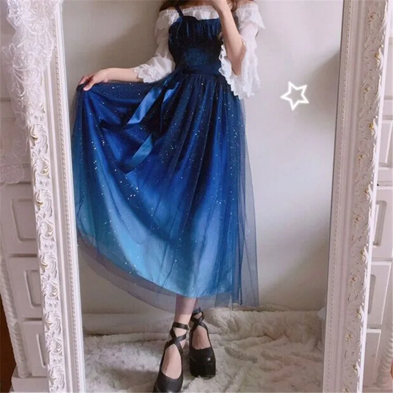 Japanese Fashion Galaxy Blue Starry Dress Women Lolita Summer JSk Soft Sister Cute Fairy Dress Lace Princess Tulle Strap Dress Japanese Fashion Galaxy Blue Starry Dress Women Lolita Summer JSk Soft Sister Cute Fairy Dress Lace Princess Tulle Strap Dress
