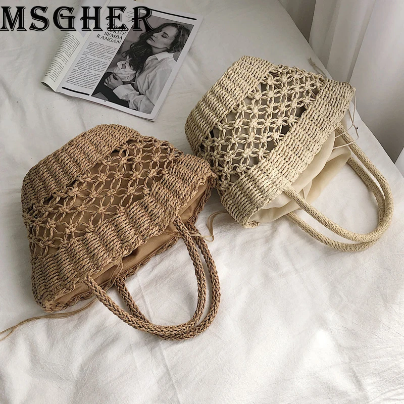 

MSGHER Handbags Women Summer Straw Beach Bags Female High Capacity Bucket Bags Casual Hollow Out Shopping Packet