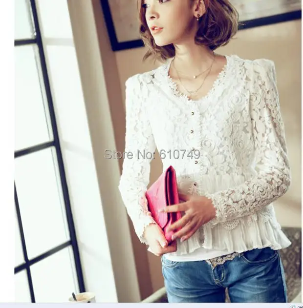 Newest Fashion Women White Lace Blouse Chiffon Shirt Blusa Renda Ladies V-Neck Women's Tops Long Sleeve Patchwork Shirts | Женская