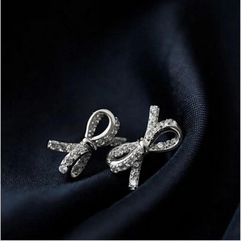 

New Fashion Bright Temperament 925 Sterling Silver Jewelry Bow Bowknot Sweet Female Crystal Zircon Earrings SE213