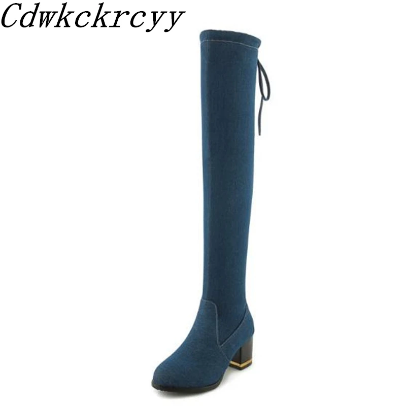 

Women Boots Autumn winter New style fashion personality European style Sharp head Coarse heel Denim Over the knee Boots 34-43