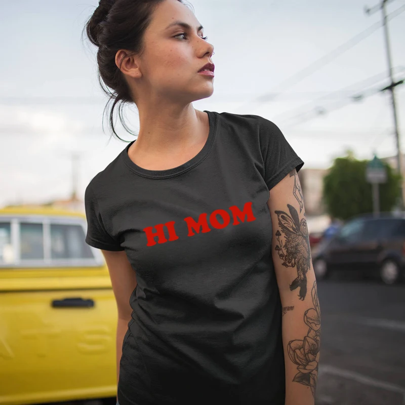 BLWHSA Hi Mom Letters Print T shirts Women Summer Short Sleeve Cotton Hip Hop Novelty Slogan T-shirt Funny Girl Power Tops Tees | Женская