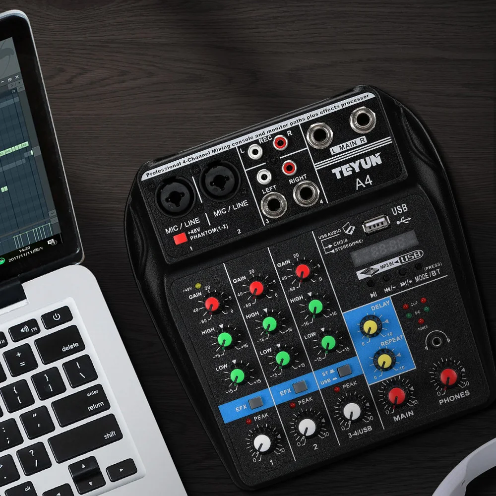 A4 Multi-purpose Audio Mixer with Bluetooth Record 4 Channels Input Mic Line Insert USB Playback Sound Card Small Mixing Console A4 Multi-purpose Audio Mixer with Bluetooth Record 4 Channels Input Mic Line Insert USB Playback Sound Card Small Mixing Console