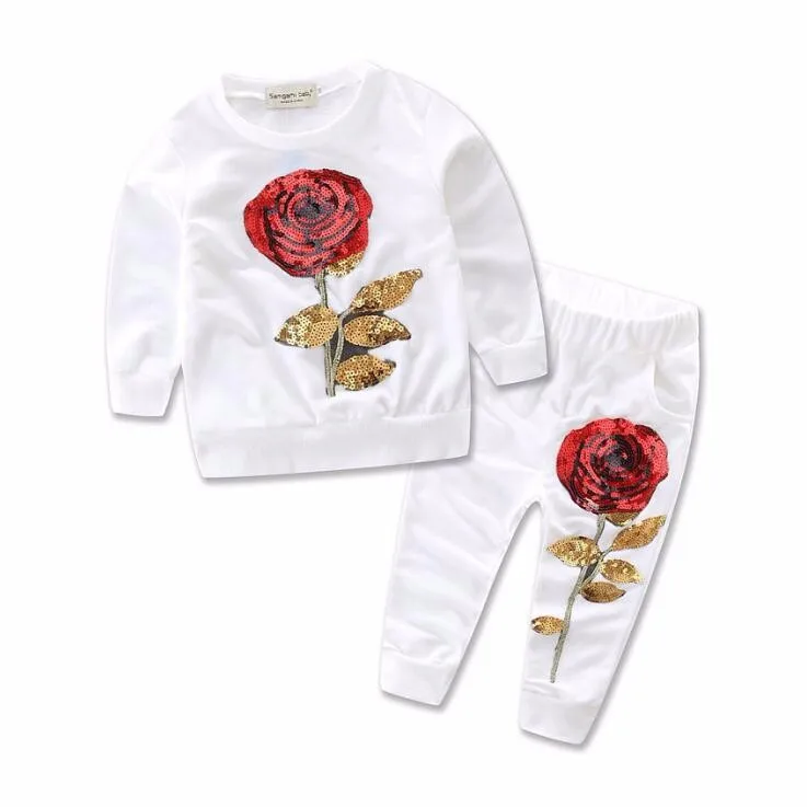 Коллекция года, модные стильные комплекты одежды для девочек Спортивная одежда комплекты детской одежды с длинными рукавами и цветочной вышивкой с розами и пайетками