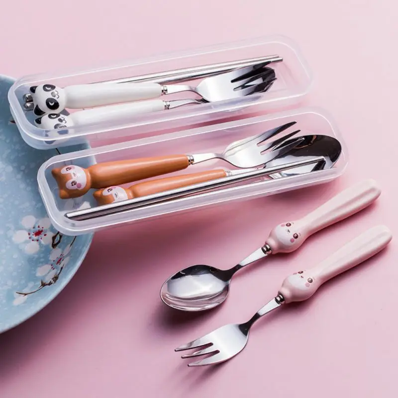 

Cartoon Portable Cutlery Set Stainless Steel Dinnerware With Ceramics Handle For Kids Gifts Dinner Cute Travel Tableware Sets