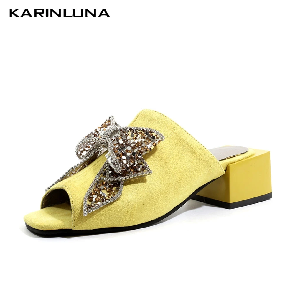 

Brand Plus Size 32-48 Peep Toe Crystal Bowtie Ladies High Heels Mules Shoes Woman Causal Summer Slippers 2019