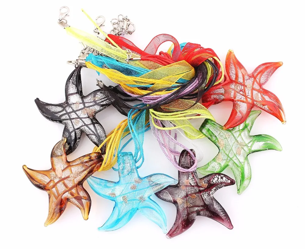 Fashion Beauty Wholesale 6pcs handmade Murano Lampwork Glass Mix Color reticular starfish Pendants Charms Necklace Hot necl0123