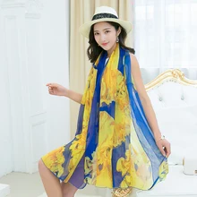 HanHe Summer Print Silk Scarf Oversized Chiffon Scarf Women Wrap Sunscreen Pareo Beach Cover Up Long Cape Female 55 X 75 inches