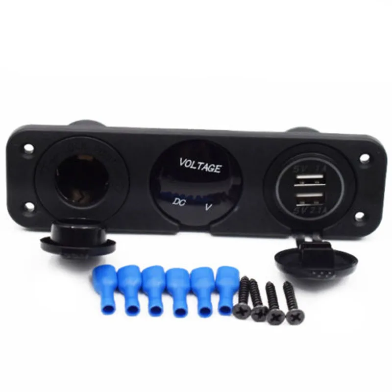 1set Car Boat 3 Hole Panel Dual USB Charger+Blue LED Voltmeter+12V Socket Waterproof