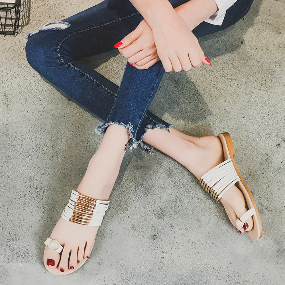 

2018 SAGACE Women Fashion Pearl Set Toe Summer Flat Flip Flops Sandals Loafers Bohemia Shoes Gladiator Sandals Women Nouveau