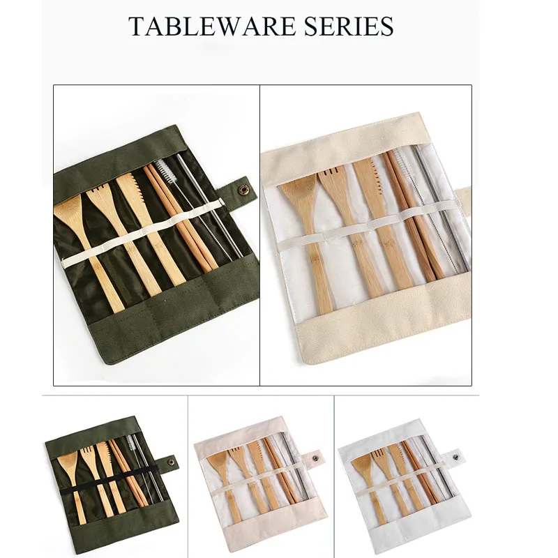 

Flatware Cutlery Set with Cloth Bag Package Bamboo Straw Knives Fork Spoon Chopsticks Sets for Travel Wholesale Dinnerware