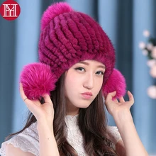 New Lovely Real Mink Fur Hat Women Winter Knitted Real Genuine Mink Fur Beanies Thick Warm Real Fox Fur Pom Poms Cap
