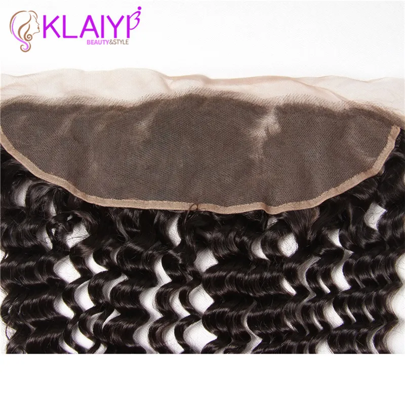 Klaiyi 13X4 Ear To Ear Lace Frontal Closure Without Bleached Knots Brazilian Deep Wave Frontal Remy Human Hair Lace Frontal