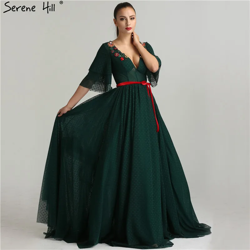 

Green Deep-V Half Sleeves Beach Evening Dresses 2019 Dots Flowers Sexy Tulle Evening Gown Real Photo Serene Hill LA6341